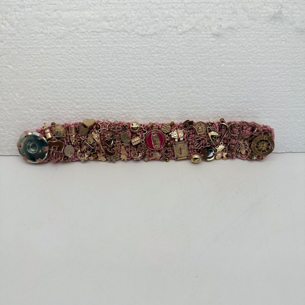 Handmade Pink Crochet Charm Cuff Bracelet Virgin of Guadalupe Religious Boho
